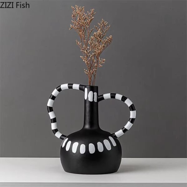 Creative ceramic vase Black and white wave dot spots abstract irregular ceramic crafts handle Flower vase Home Decoration